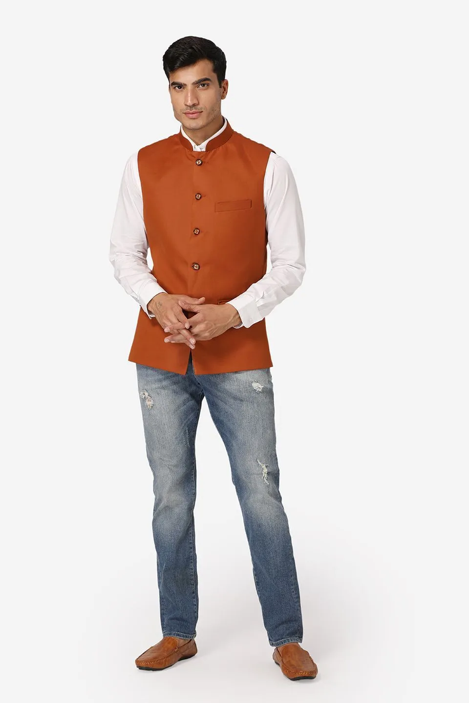 Polyester Cotton Orange Modi Nehru Jacket