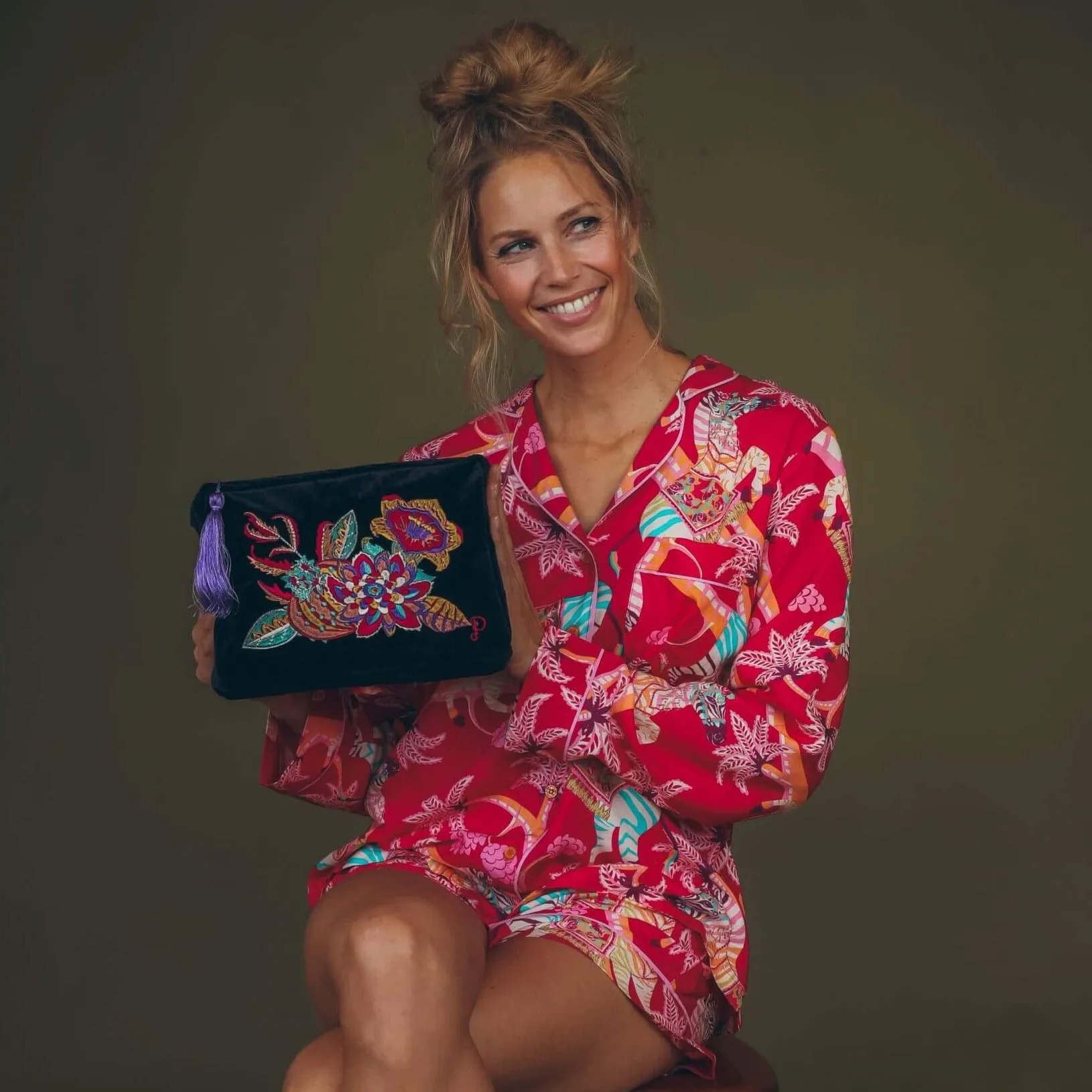 Powder Fantasy Floral Velvet Washbag - Navy