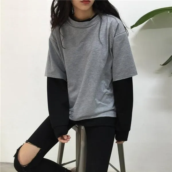 Preppy Style Sweatshirt With Patchwork T-Shirt