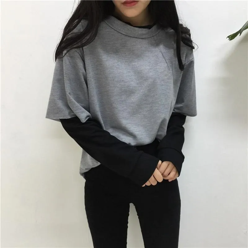 Preppy Style Sweatshirt With Patchwork T-Shirt