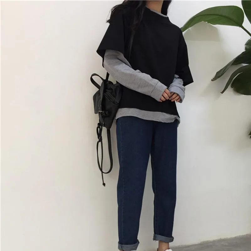 Preppy Style Sweatshirt With Patchwork T-Shirt