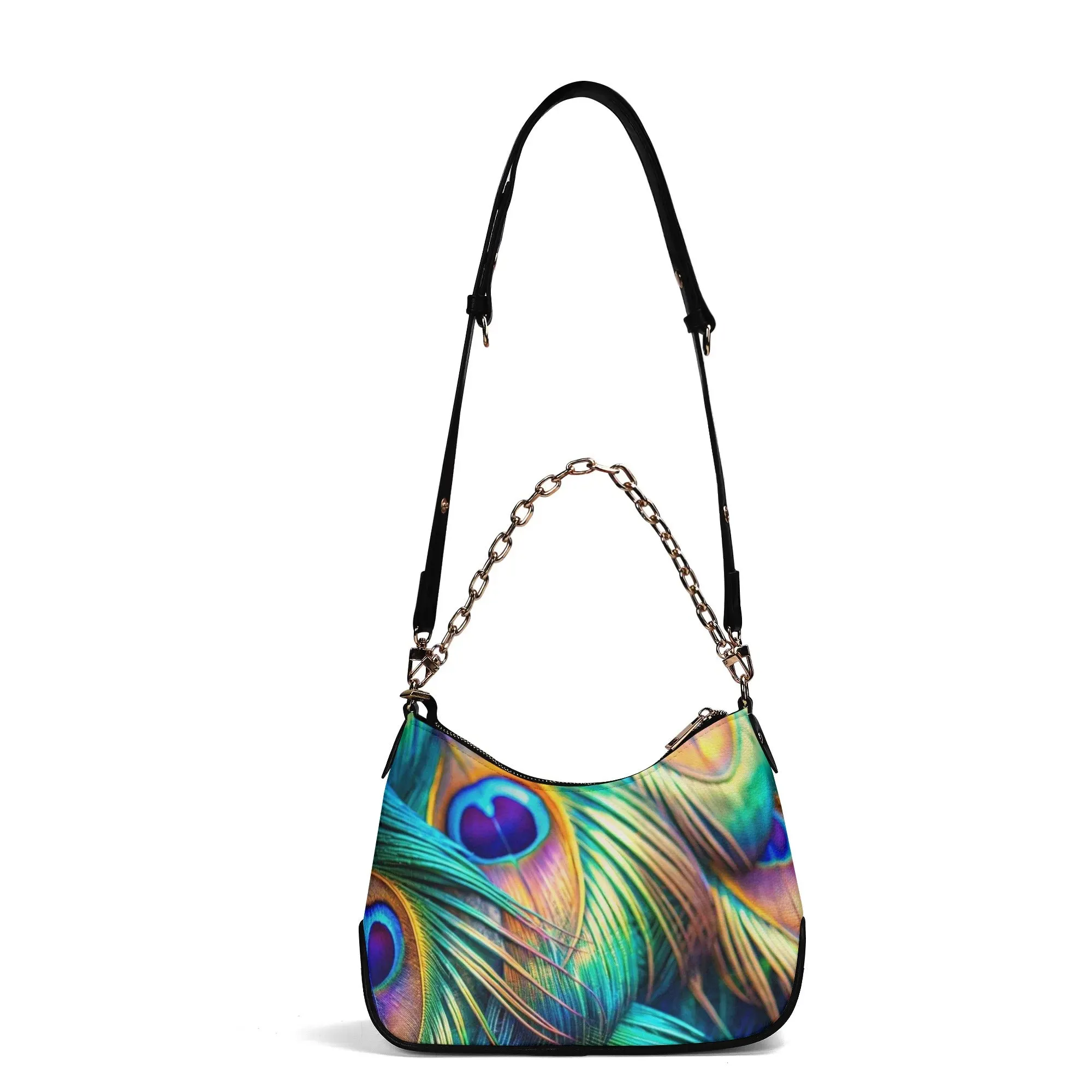 Printed Peacock Feathers PU Leather Shoulder Bag with Chain Decoration and Matching Zip-up Cardholder Wallet