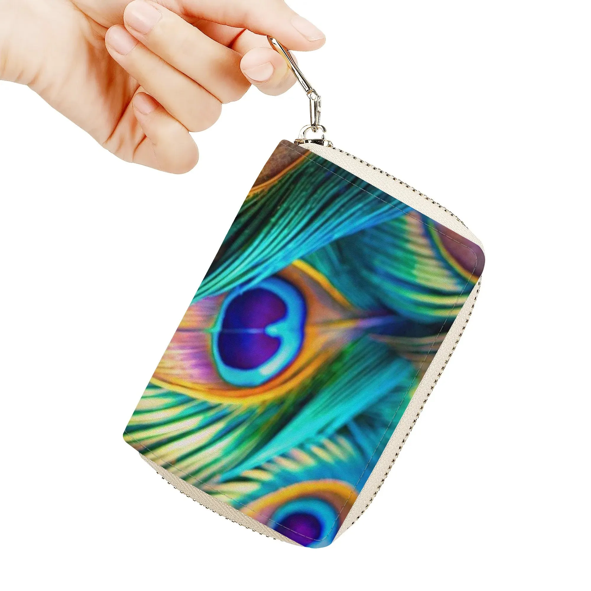 Printed Peacock Feathers PU Leather Shoulder Bag with Chain Decoration and Matching Zip-up Cardholder Wallet