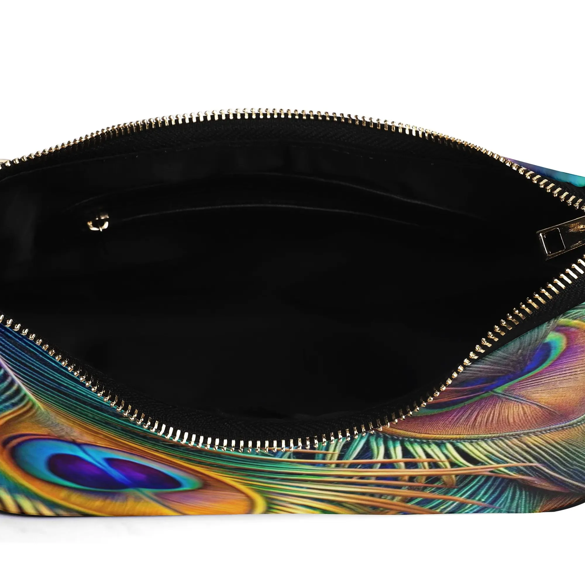 Printed Peacock Feathers PU Leather Shoulder Bag with Chain Decoration and Matching Zip-up Cardholder Wallet