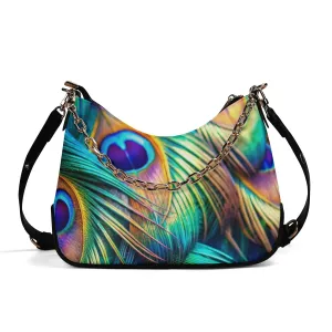 Printed Peacock Feathers PU Leather Shoulder Bag with Chain Decoration and Matching Zip-up Cardholder Wallet