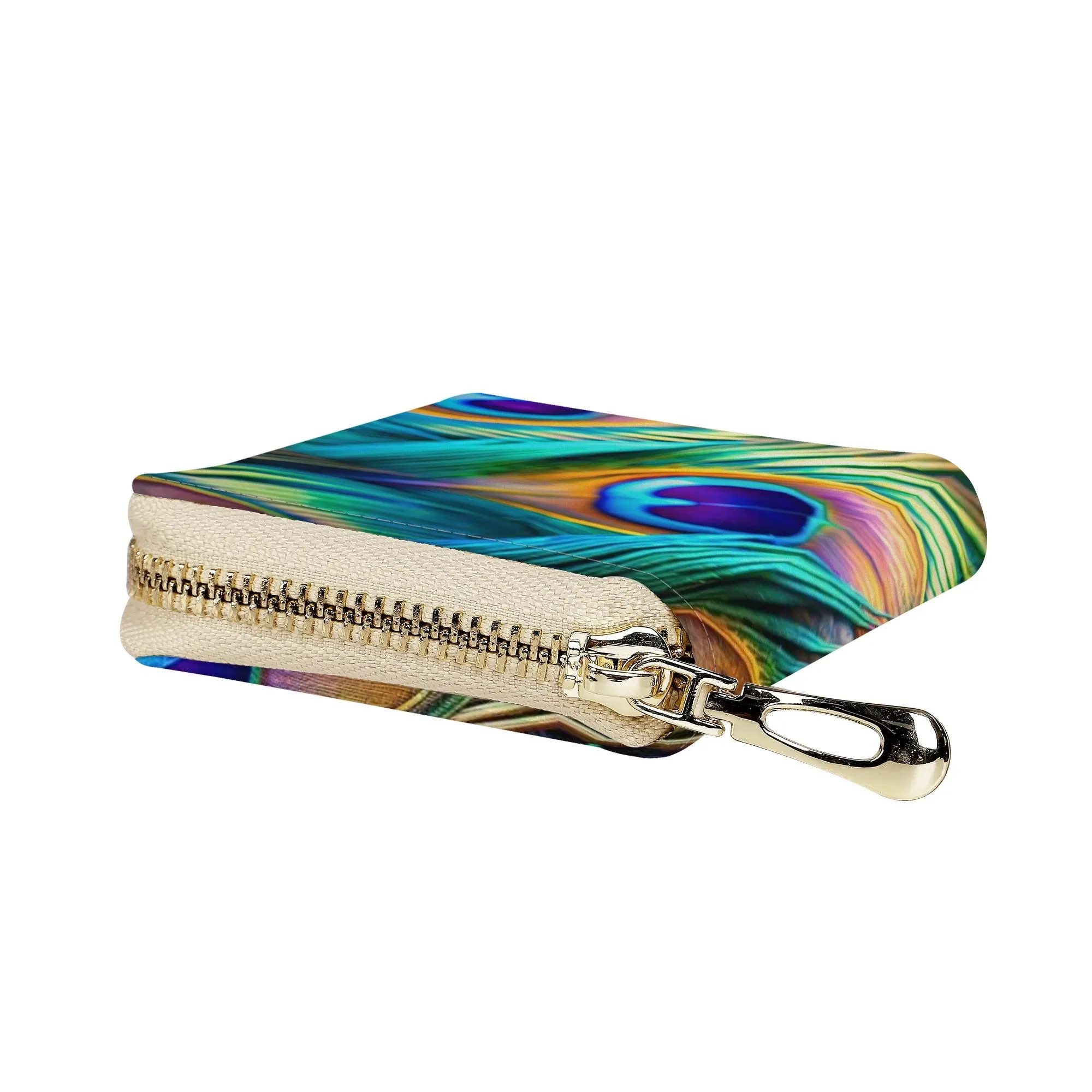 Printed Peacock Feathers PU Leather Shoulder Bag with Chain Decoration and Matching Zip-up Cardholder Wallet
