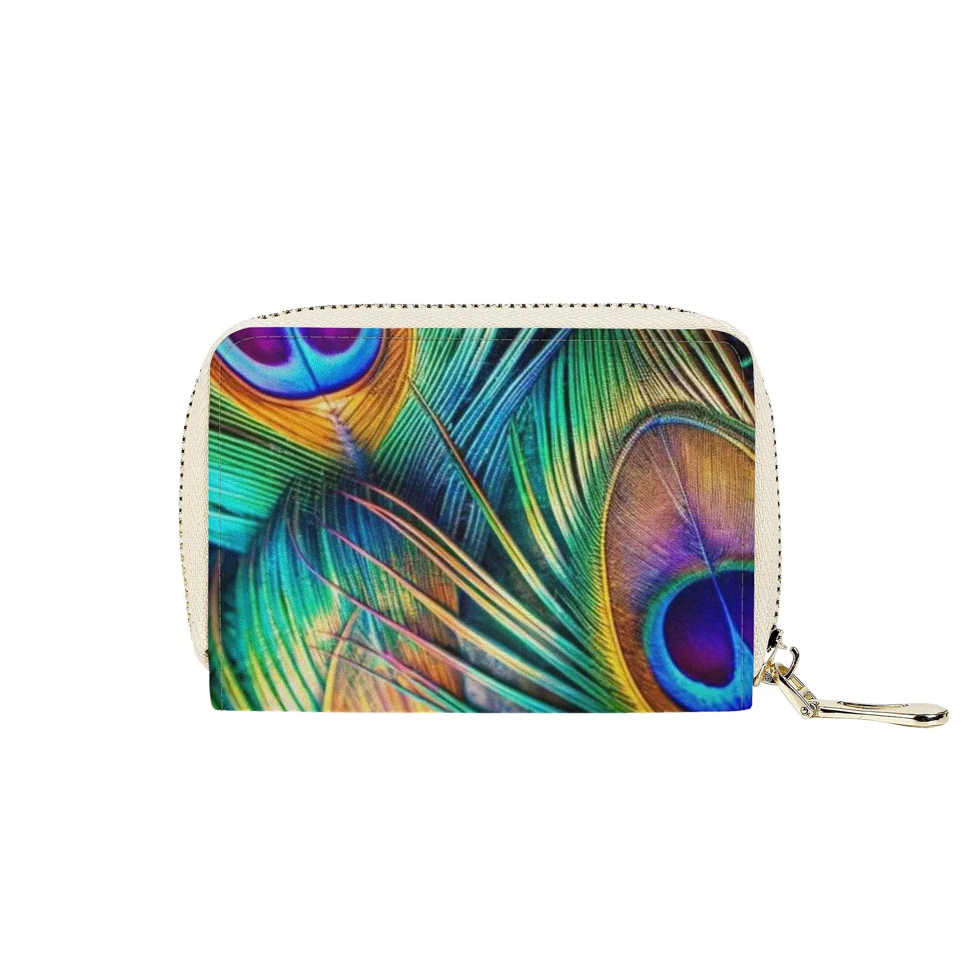 Printed Peacock Feathers PU Leather Shoulder Bag with Chain Decoration and Matching Zip-up Cardholder Wallet