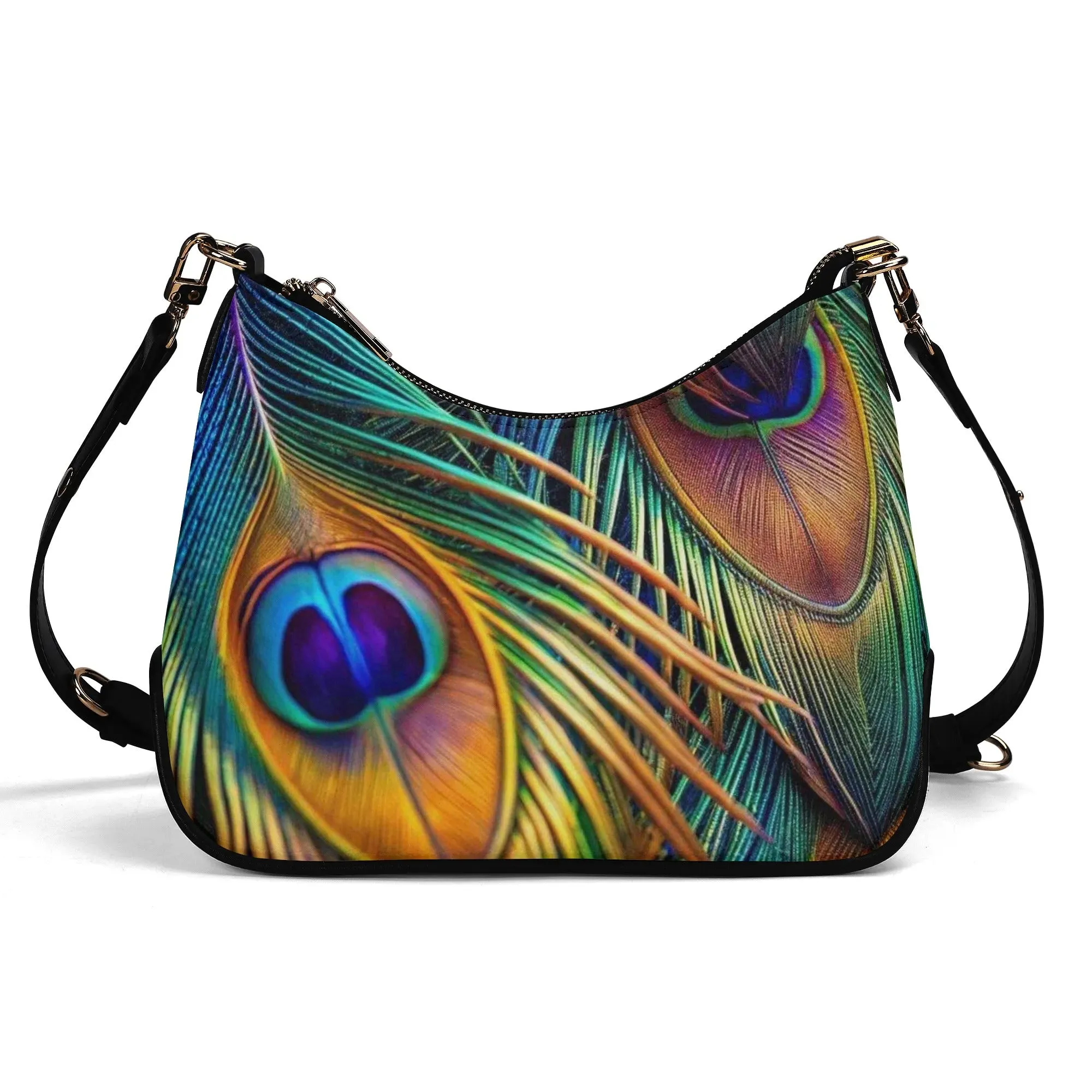 Printed Peacock Feathers PU Leather Shoulder Bag with Chain Decoration and Matching Zip-up Cardholder Wallet