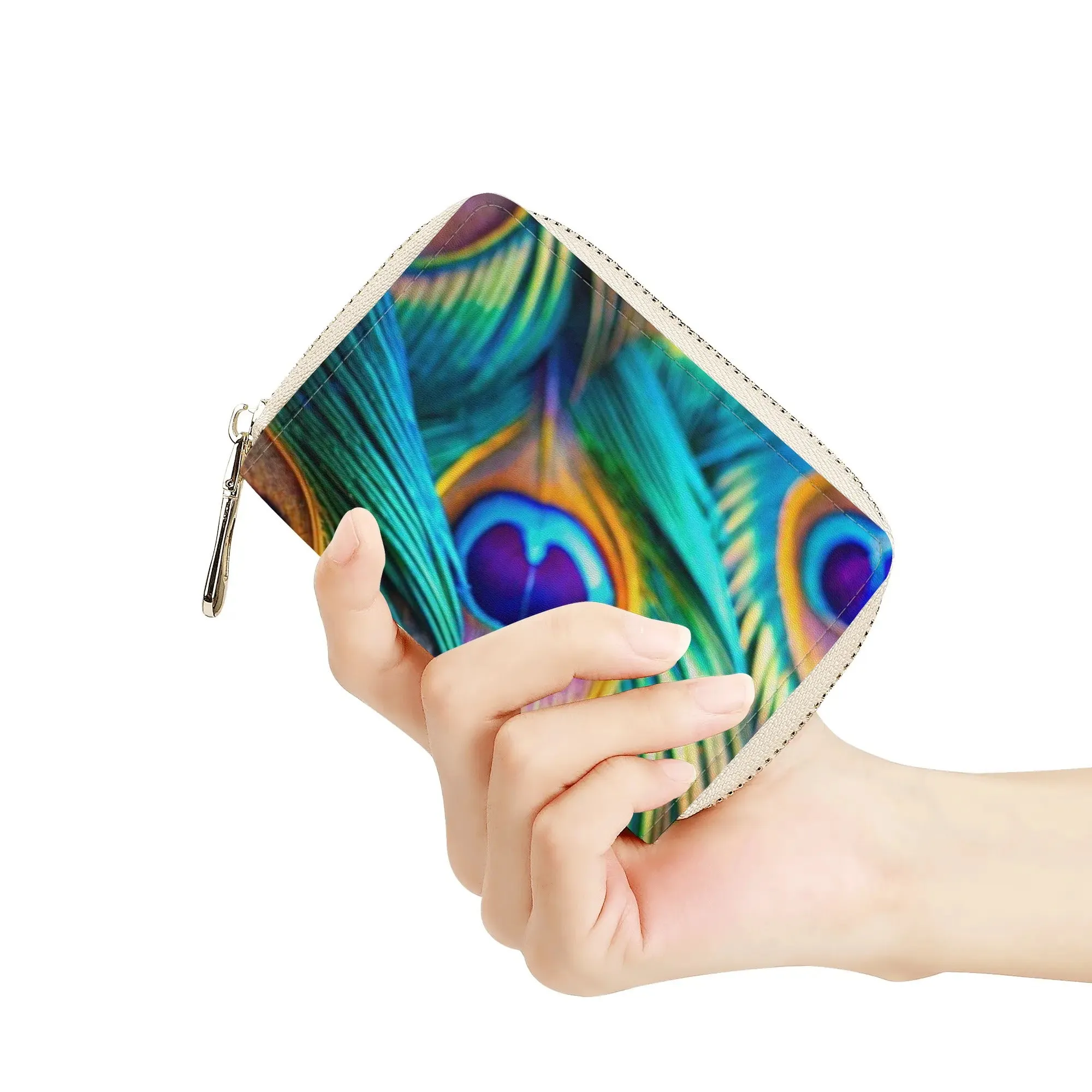 Printed Peacock Feathers PU Leather Shoulder Bag with Chain Decoration and Matching Zip-up Cardholder Wallet