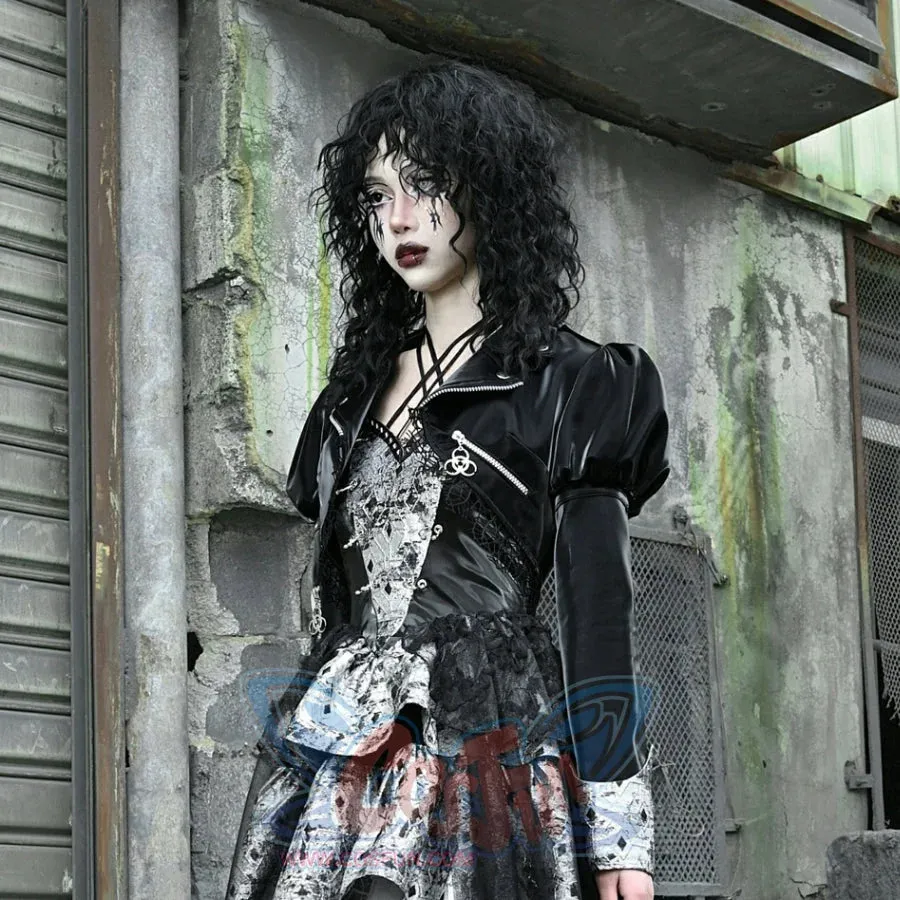 Punk Fishnet Long Sleeve Short Leather Coat