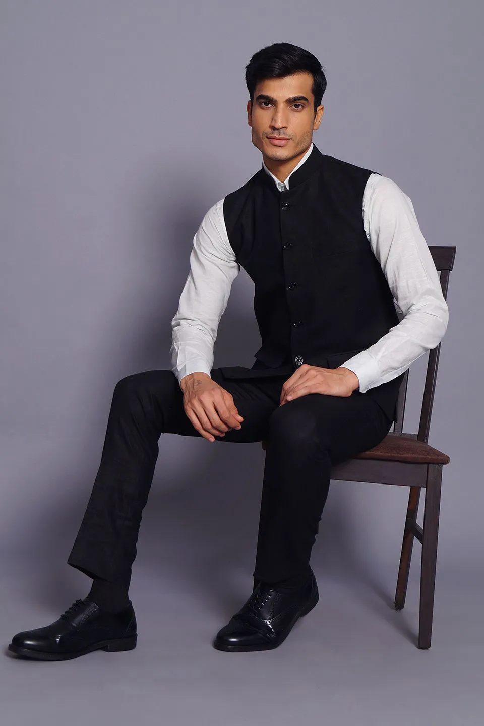 Pure Linen Black Vest and Trouser Set