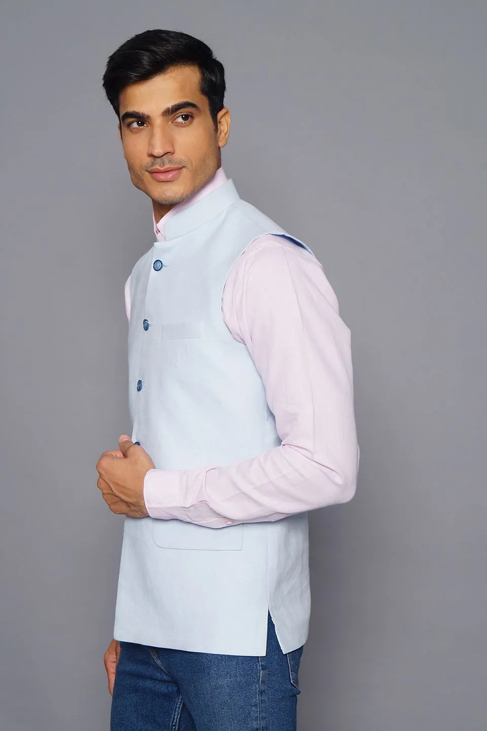 Pure Linen Sky Blue Modi Nehru Jacket