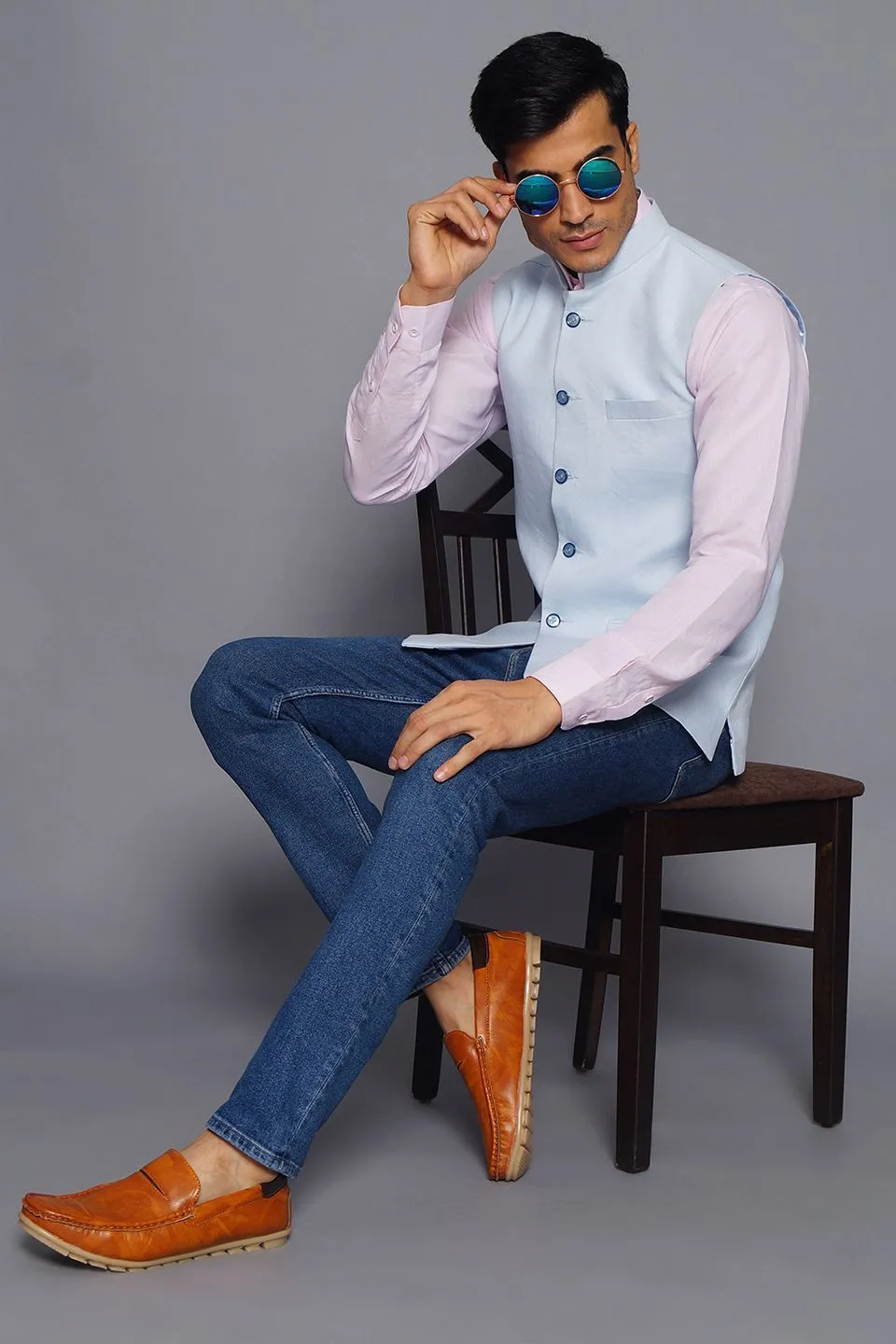 Pure Linen Sky Blue Modi Nehru Jacket