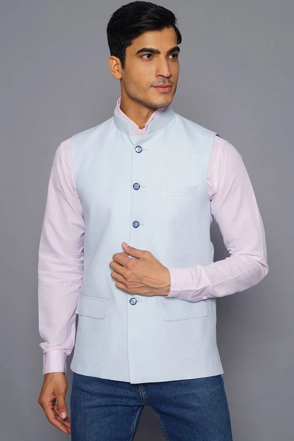 Pure Linen Sky Blue Modi Nehru Jacket
