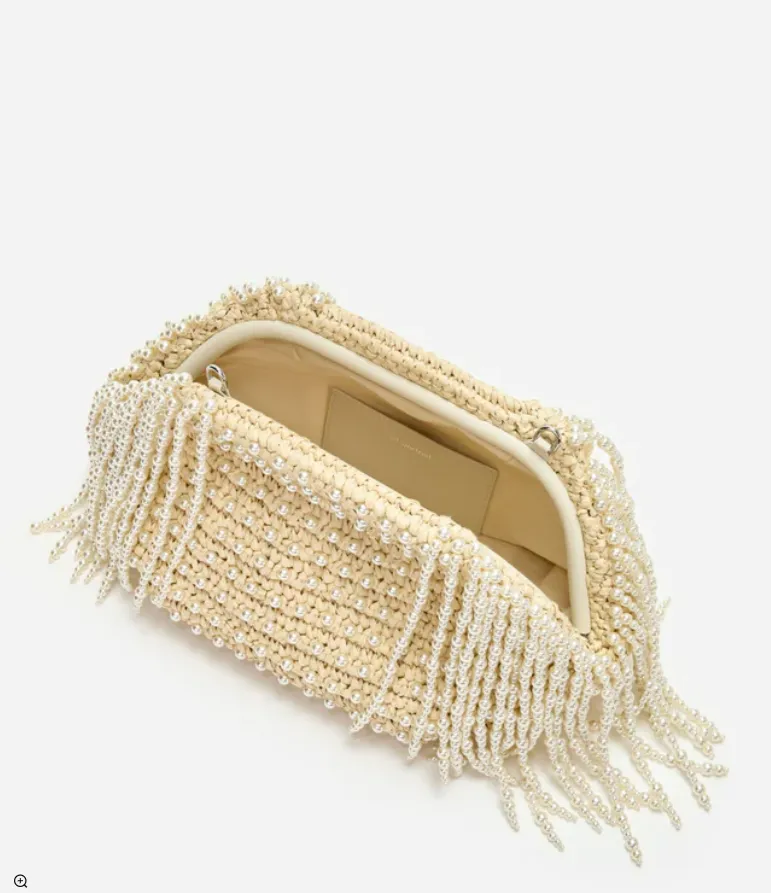 RAFFIA PEARL FRINGE CLUTCH
