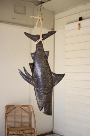 Recycled Hand-Hammered Metal 3 Dimensional Shark with Sisal Rope