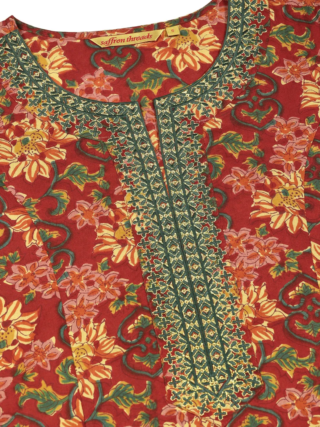 Red Ethnic Floral Print Kurta with Neck Embroidery