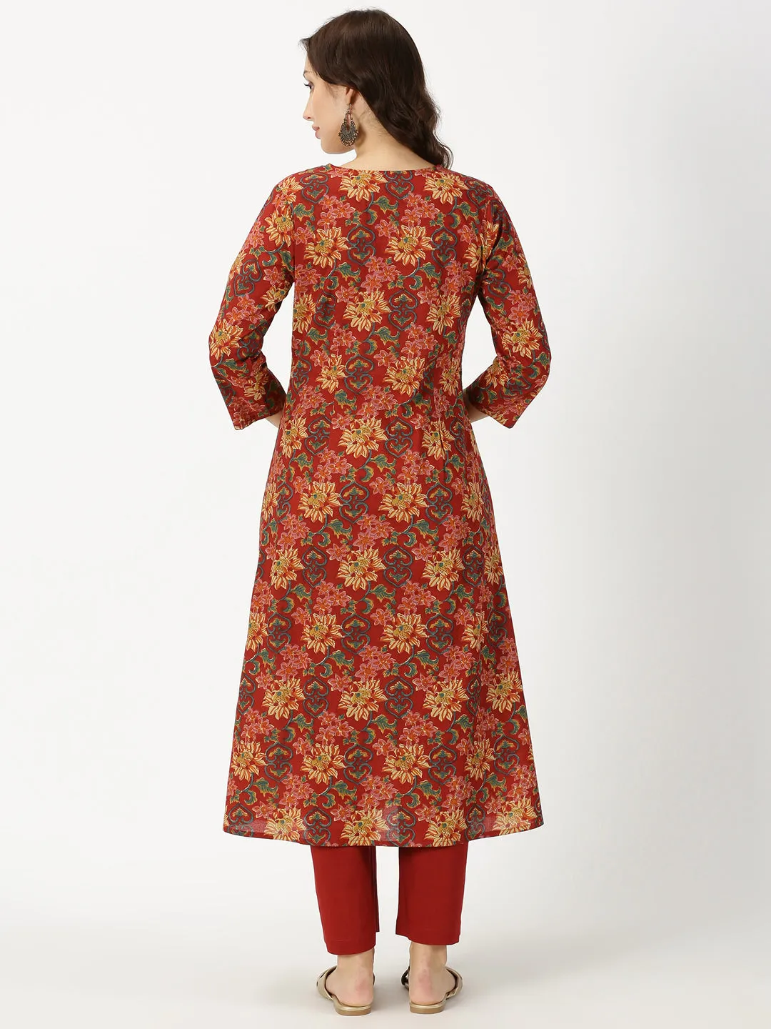 Red Ethnic Floral Print Kurta with Neck Embroidery