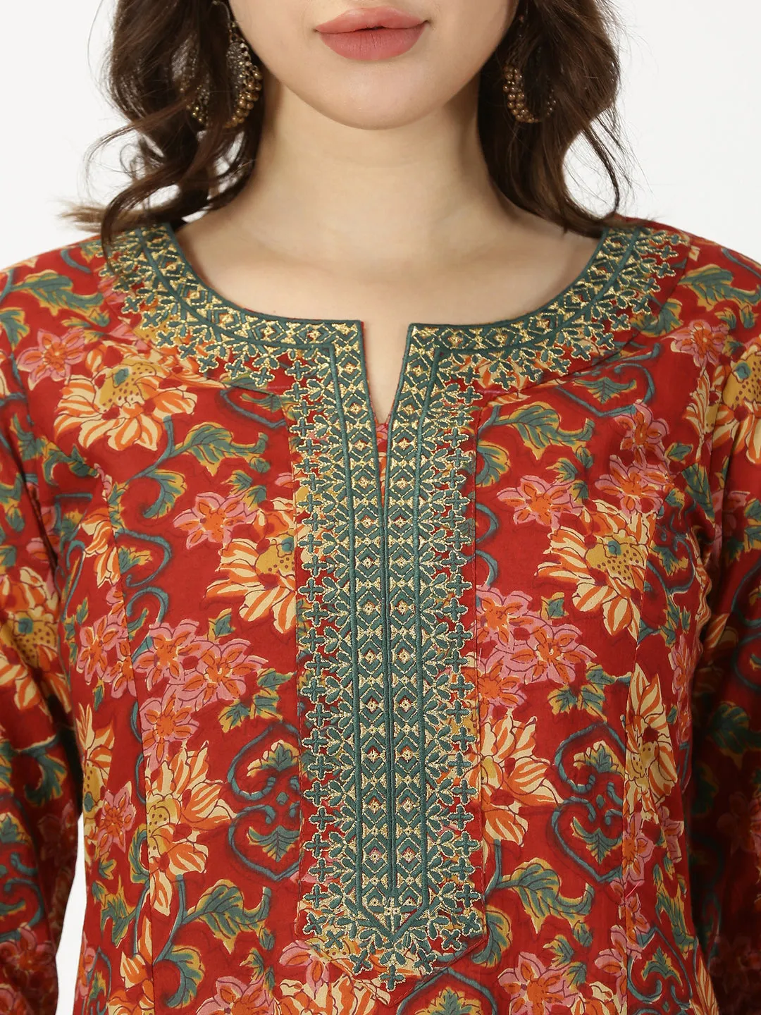 Red Ethnic Floral Print Kurta with Neck Embroidery