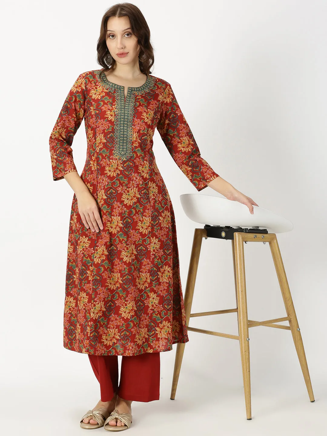 Red Ethnic Floral Print Kurta with Neck Embroidery