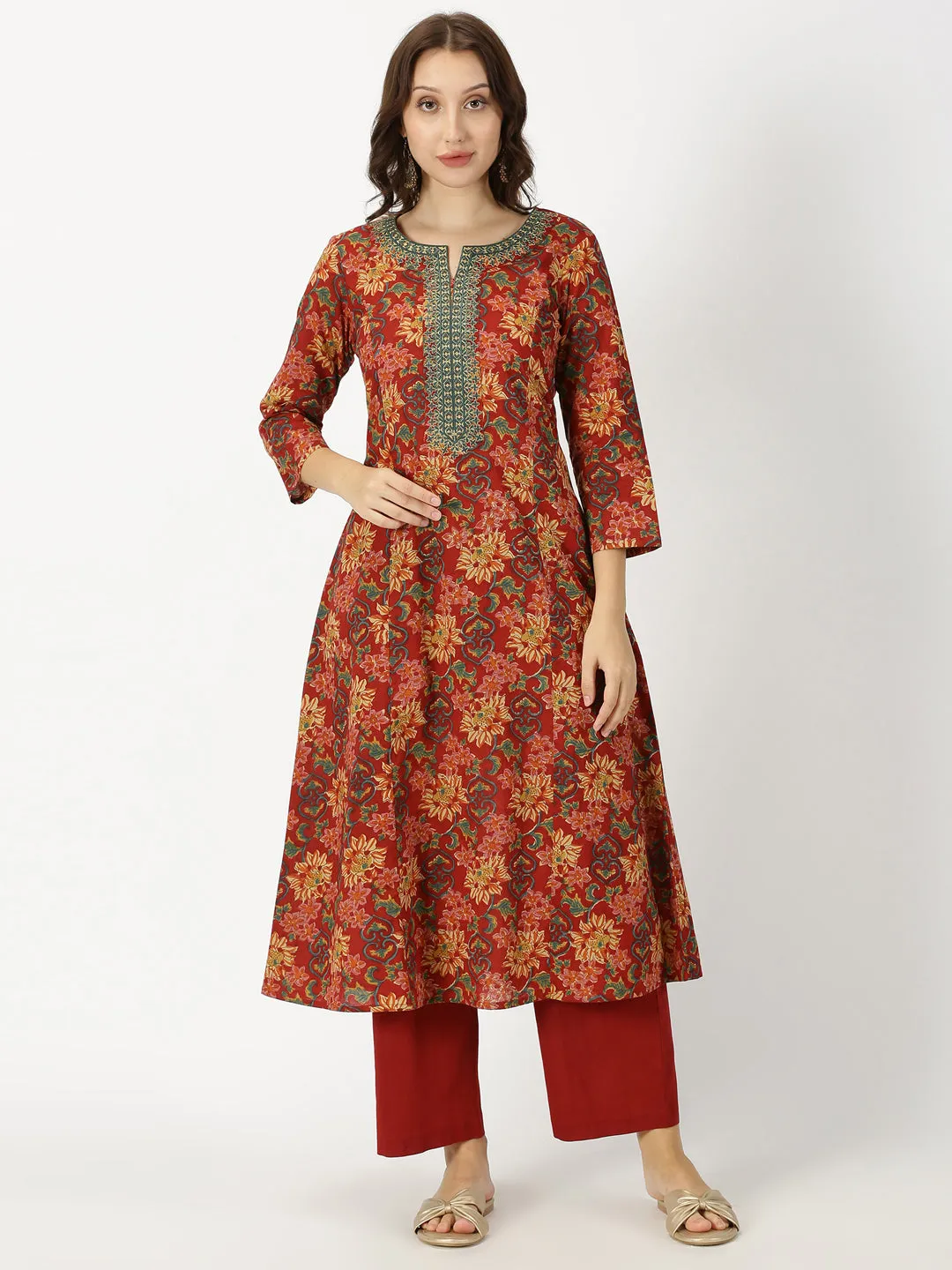 Red Ethnic Floral Print Kurta with Neck Embroidery