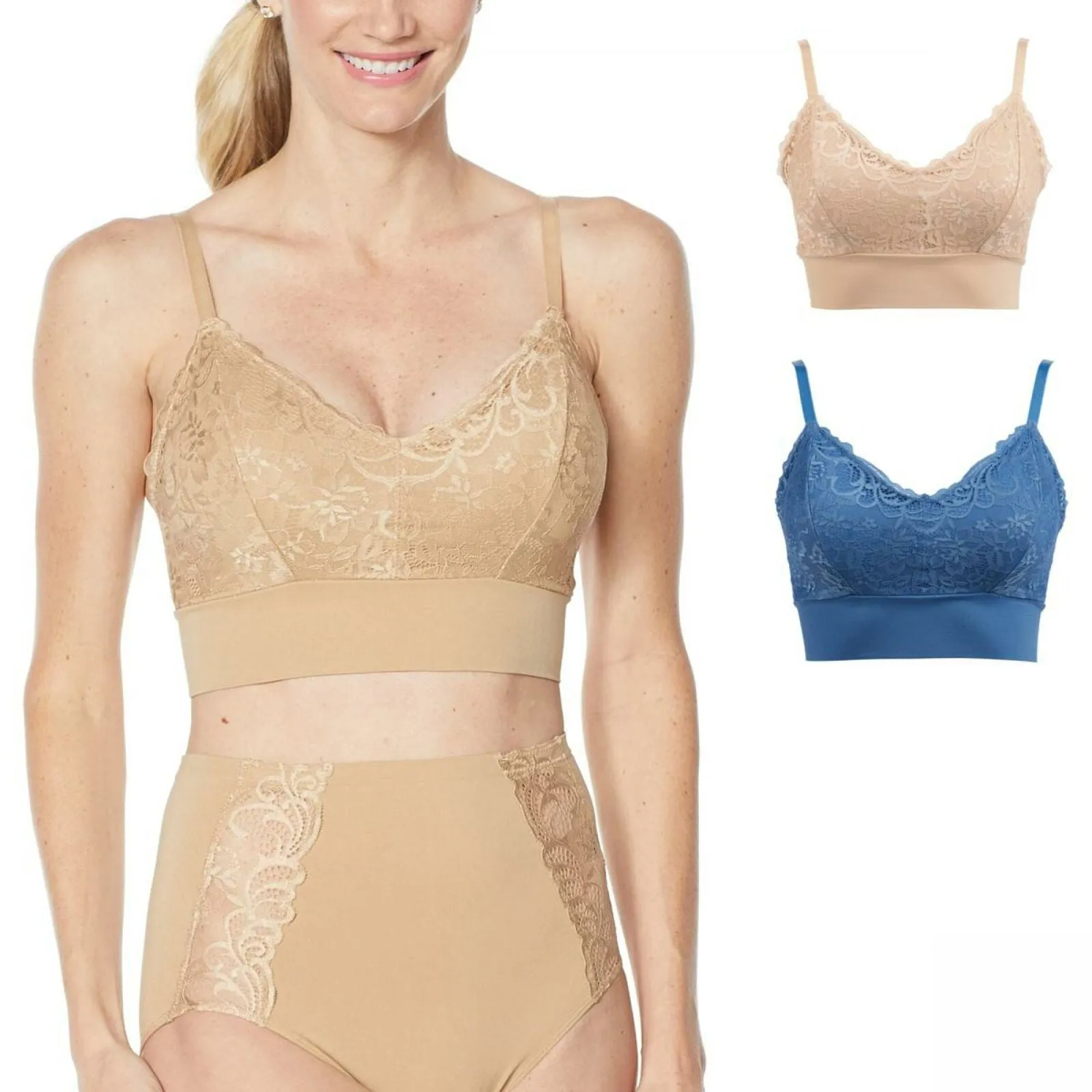 Rhonda Shear 2 Pack Lace Leisure Bras With Removable Pads Nude / Blue Large