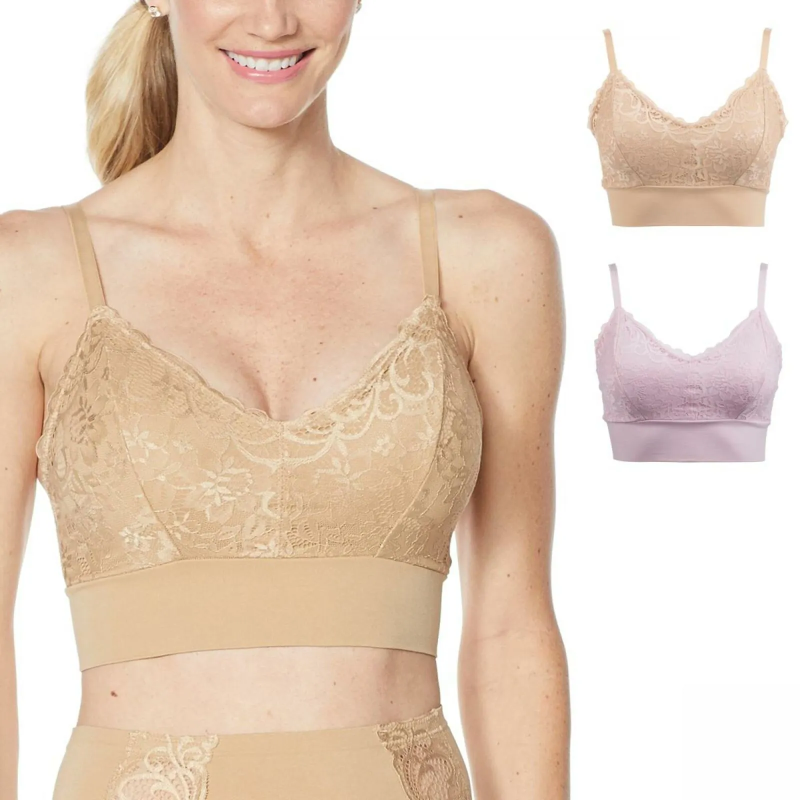 Rhonda Shear 2 Pack Lace Leisure Bras With Removable Pads Nude/ Pink Large