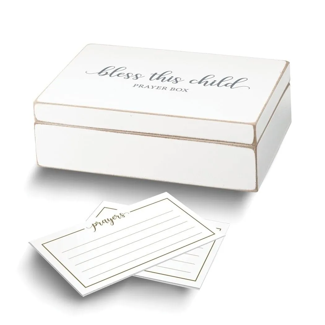 Rose Distressed White Bless This Child Prayer Box with 30 Printed