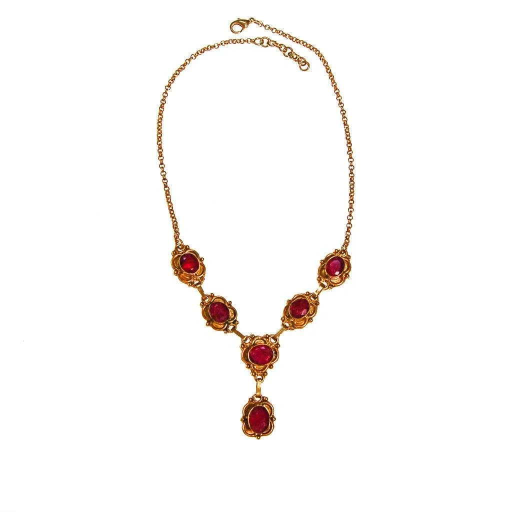 Ruby Lavalier Necklace set in Gold Tone, Vintage India