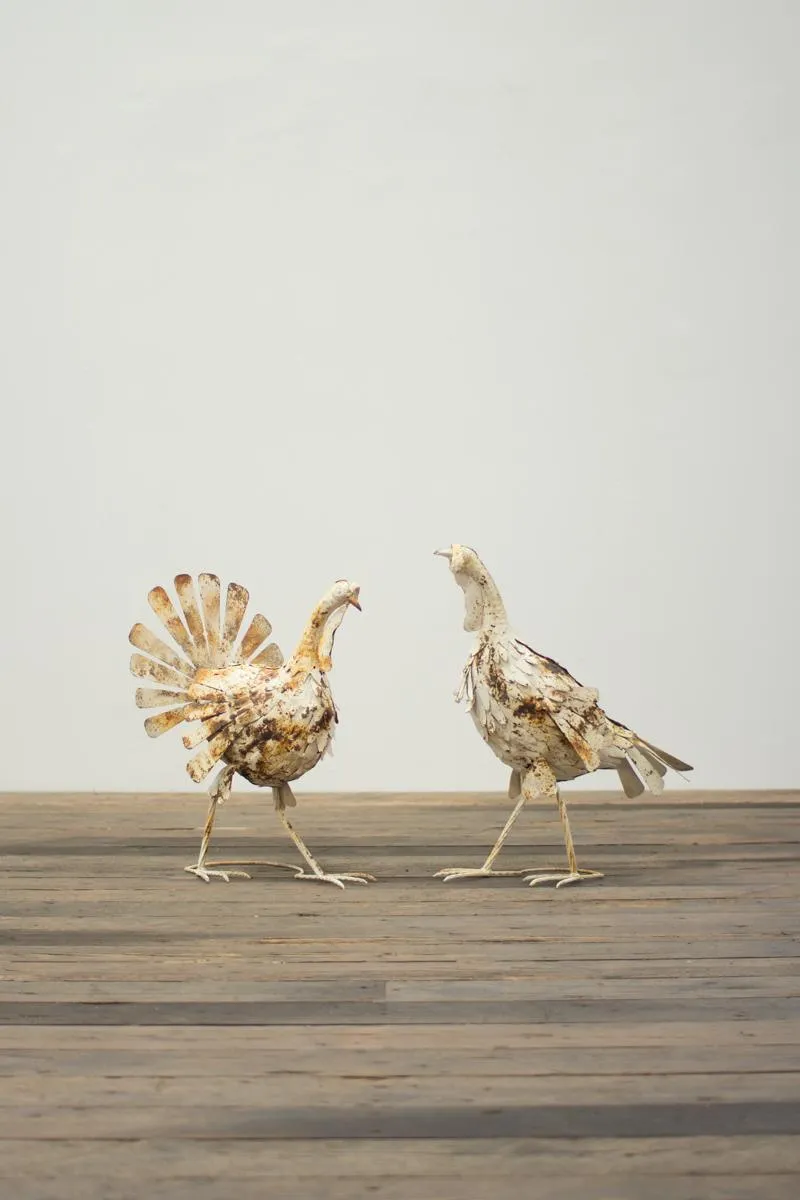 Set of 2 Antique White Metal Turkeys