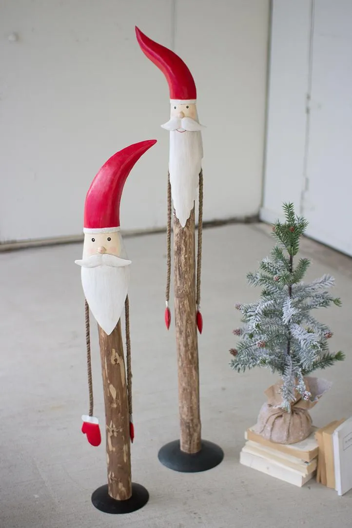Set of 2 Tall Wood and Painted Metal Santas