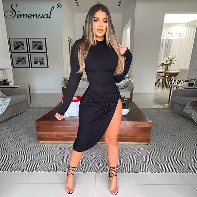 Simenual Wrap Side Split Bodycon Midi Dresses Long Sleeve for Women