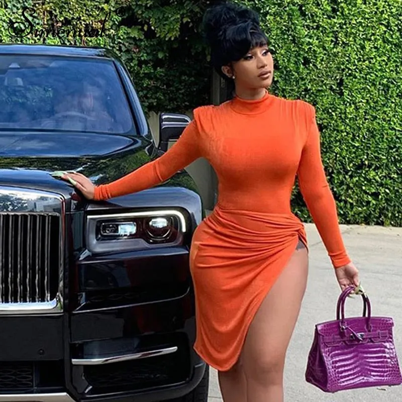 Simenual Wrap Side Split Bodycon Midi Dresses Long Sleeve for Women