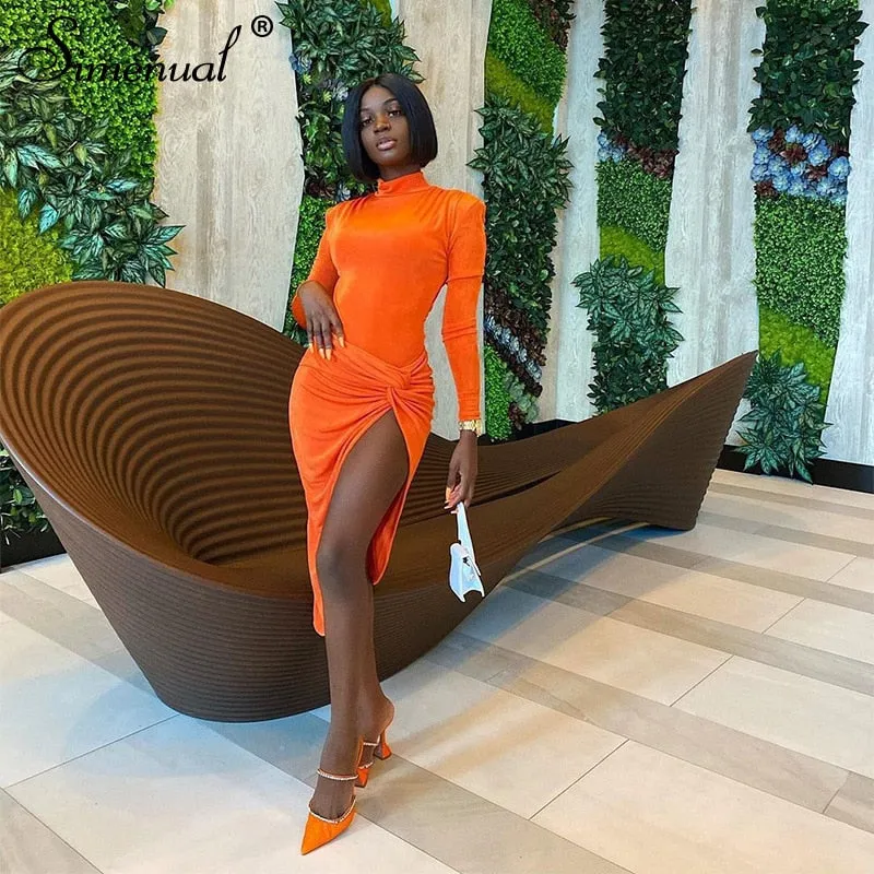 Simenual Wrap Side Split Bodycon Midi Dresses Long Sleeve for Women