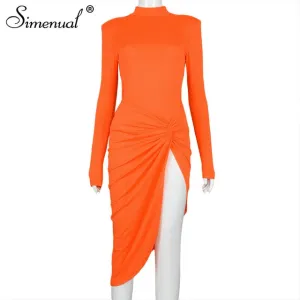 Simenual Wrap Side Split Bodycon Midi Dresses Long Sleeve for Women