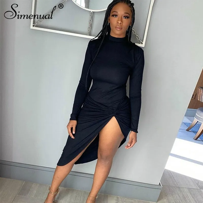 Simenual Wrap Side Split Bodycon Midi Dresses Long Sleeve for Women