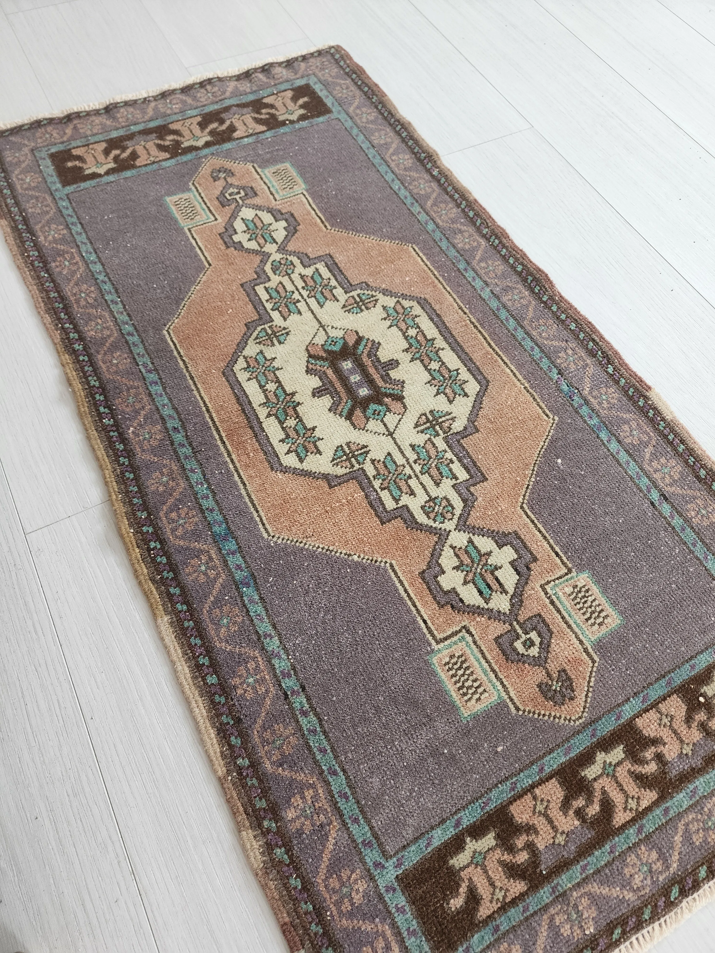 Small Turkish Rug 3 ft 5 in x 1 ft 8in, Distressed Faded Vintage Oushak Mat