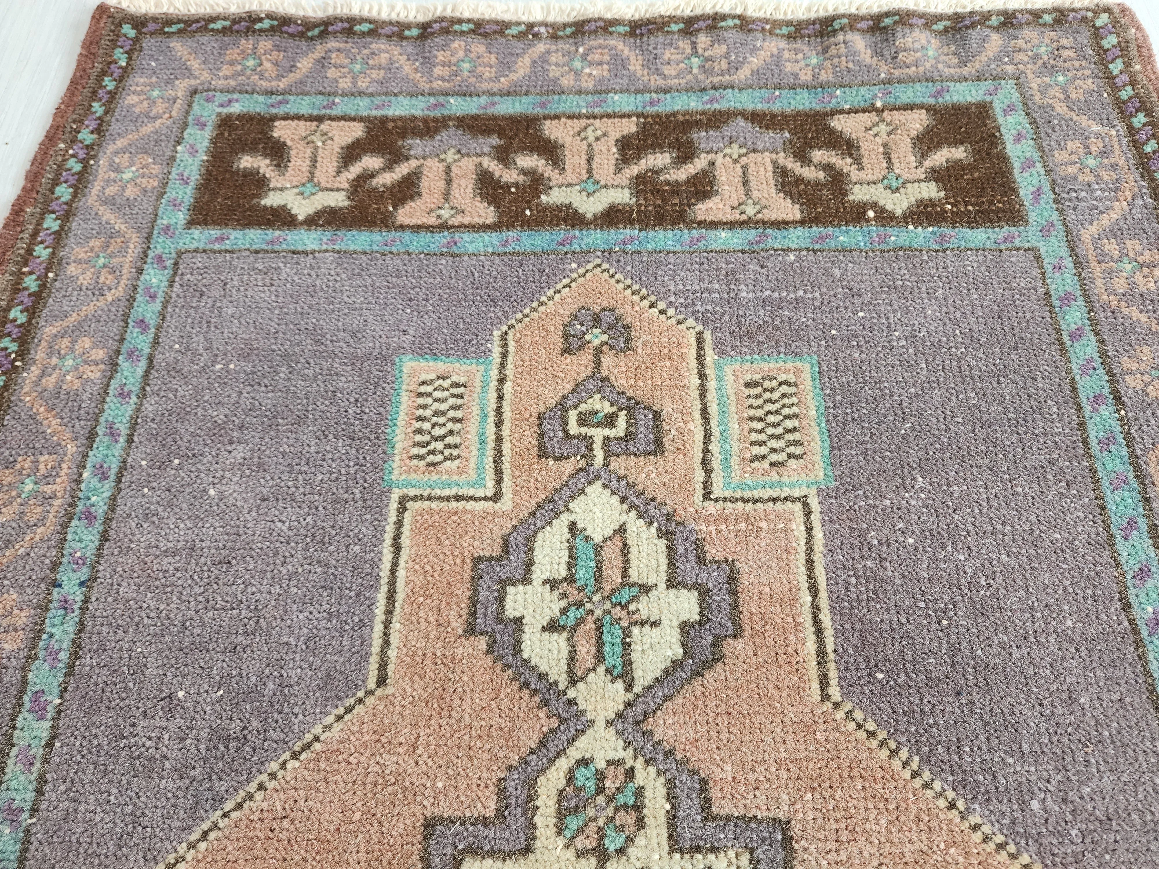 Small Turkish Rug 3 ft 5 in x 1 ft 8in, Distressed Faded Vintage Oushak Mat