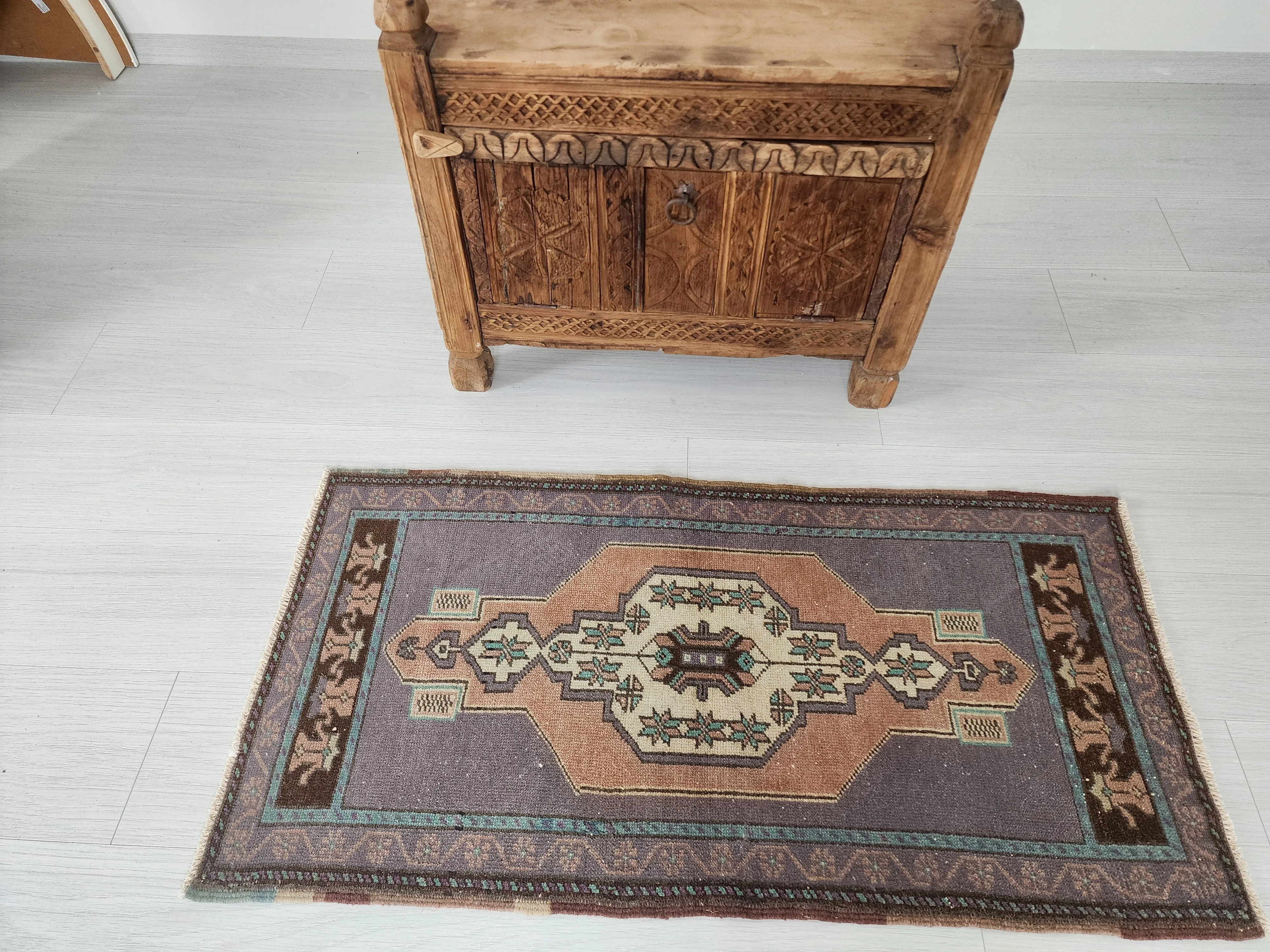 Small Turkish Rug 3 ft 5 in x 1 ft 8in, Distressed Faded Vintage Oushak Mat