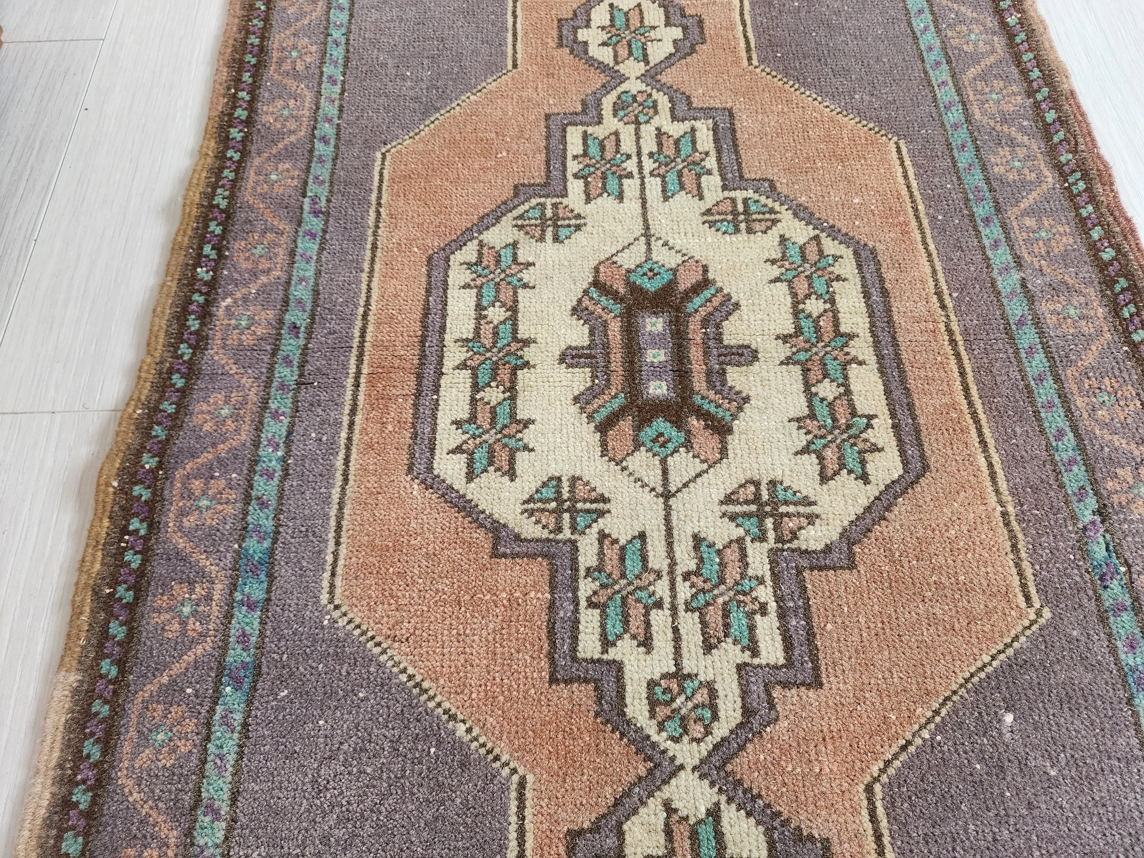 Small Turkish Rug 3 ft 5 in x 1 ft 8in, Distressed Faded Vintage Oushak Mat
