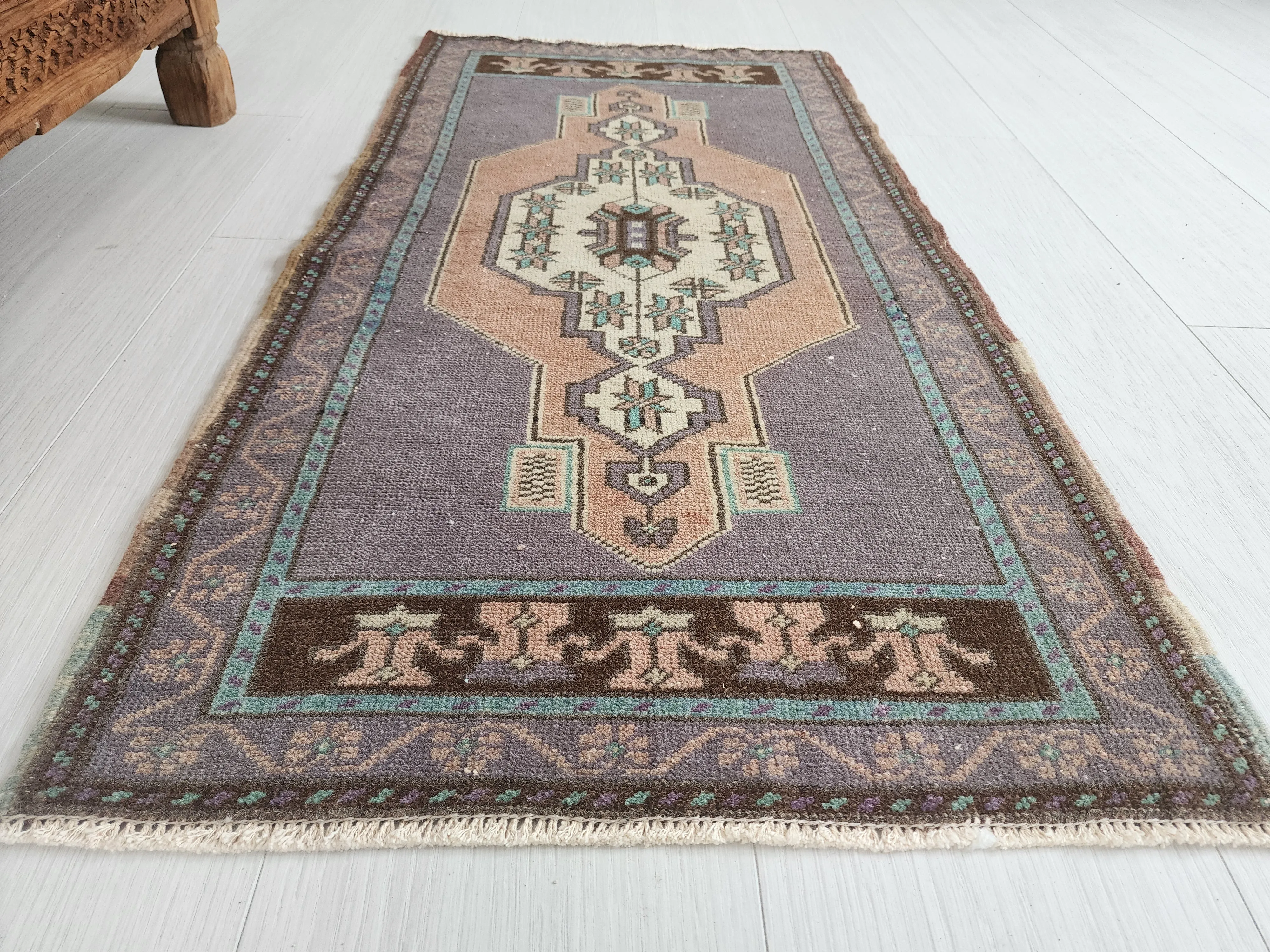 Small Turkish Rug 3 ft 5 in x 1 ft 8in, Distressed Faded Vintage Oushak Mat