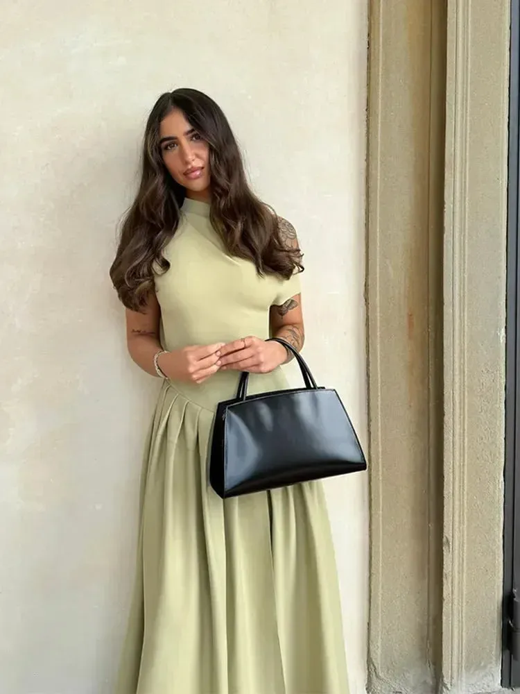 Solid Diagonal Collar Patchwork Maxi Dress