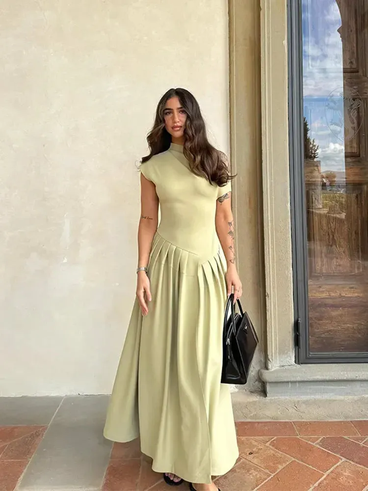 Solid Diagonal Collar Patchwork Maxi Dress