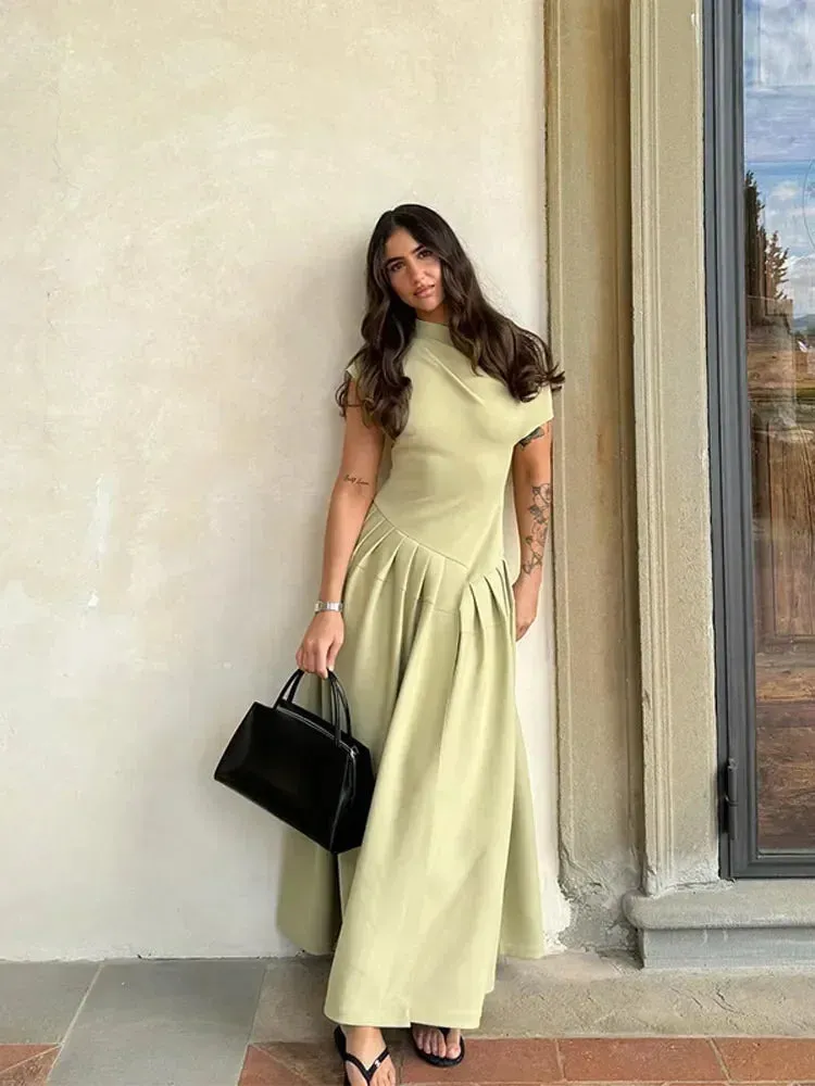 Solid Diagonal Collar Patchwork Maxi Dress