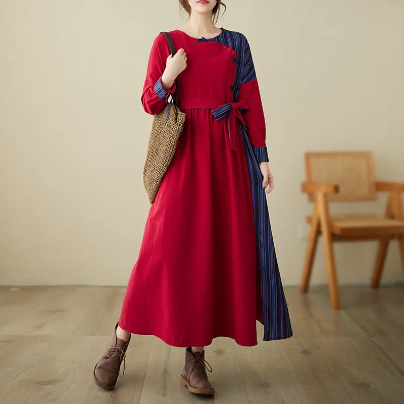 Spring Ethnic Style Striped Patchwork Cotton Linen Midi Dress