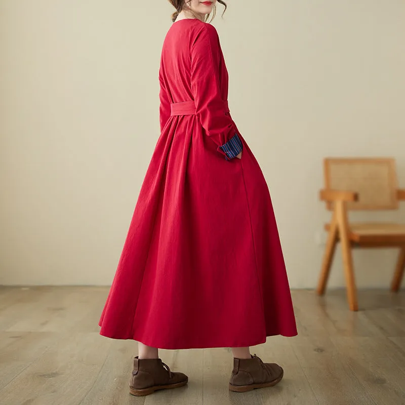 Spring Ethnic Style Striped Patchwork Cotton Linen Midi Dress