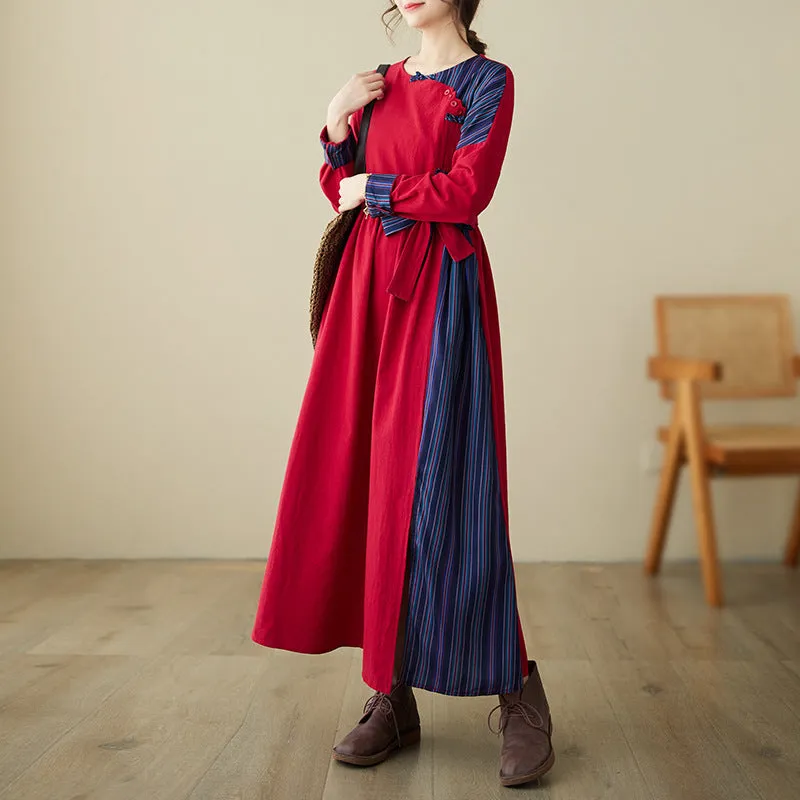 Spring Ethnic Style Striped Patchwork Cotton Linen Midi Dress