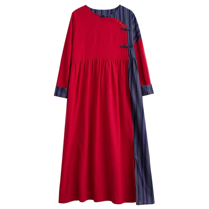 Spring Ethnic Style Striped Patchwork Cotton Linen Midi Dress