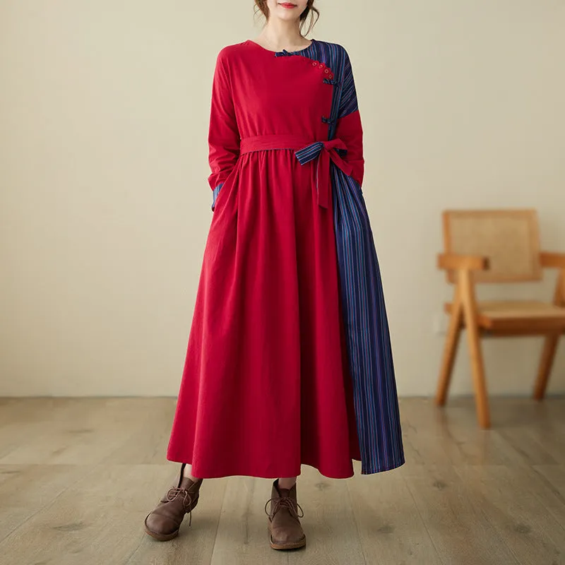 Spring Ethnic Style Striped Patchwork Cotton Linen Midi Dress