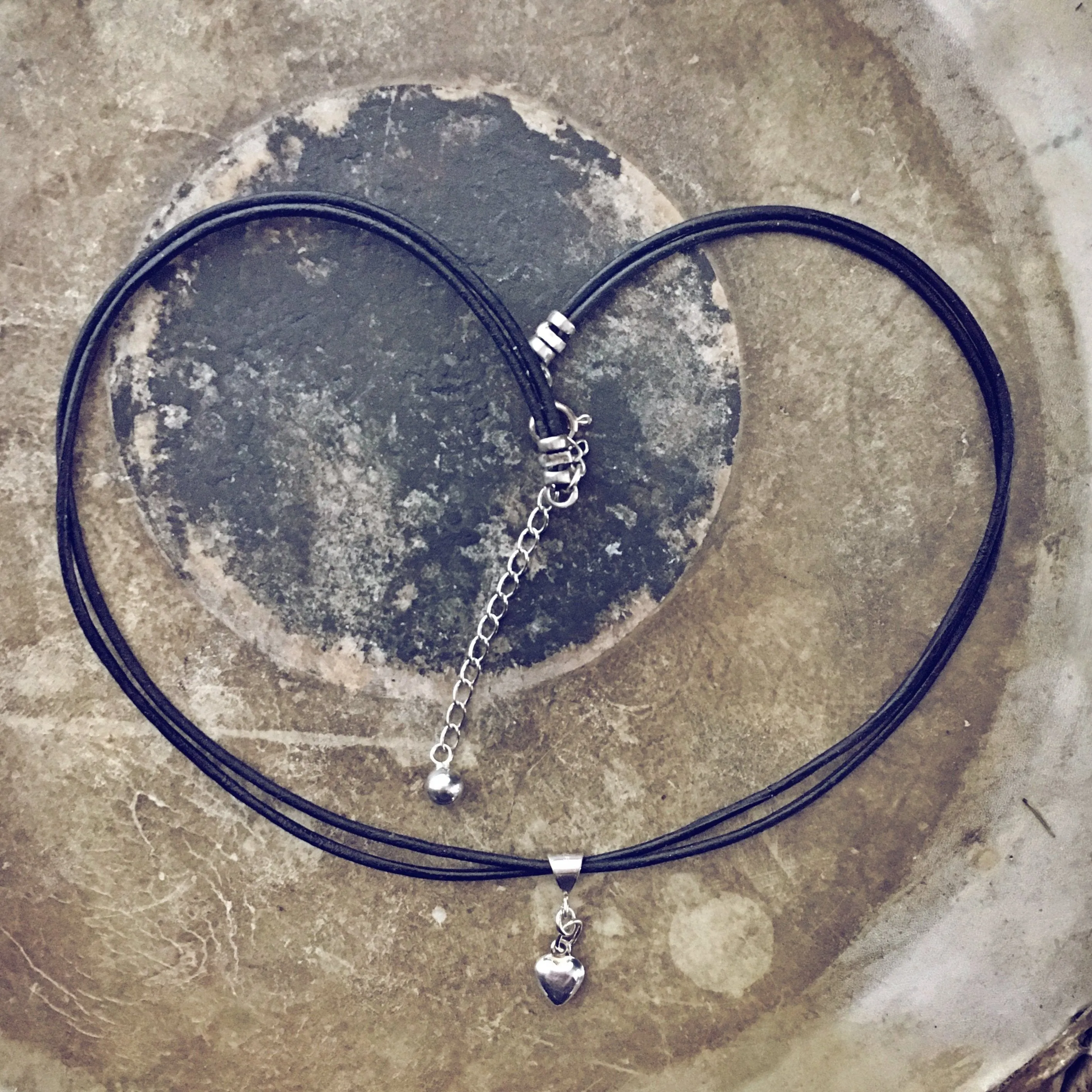 sterling silver puffy heart charm leather choker necklace // wrap bracelet
